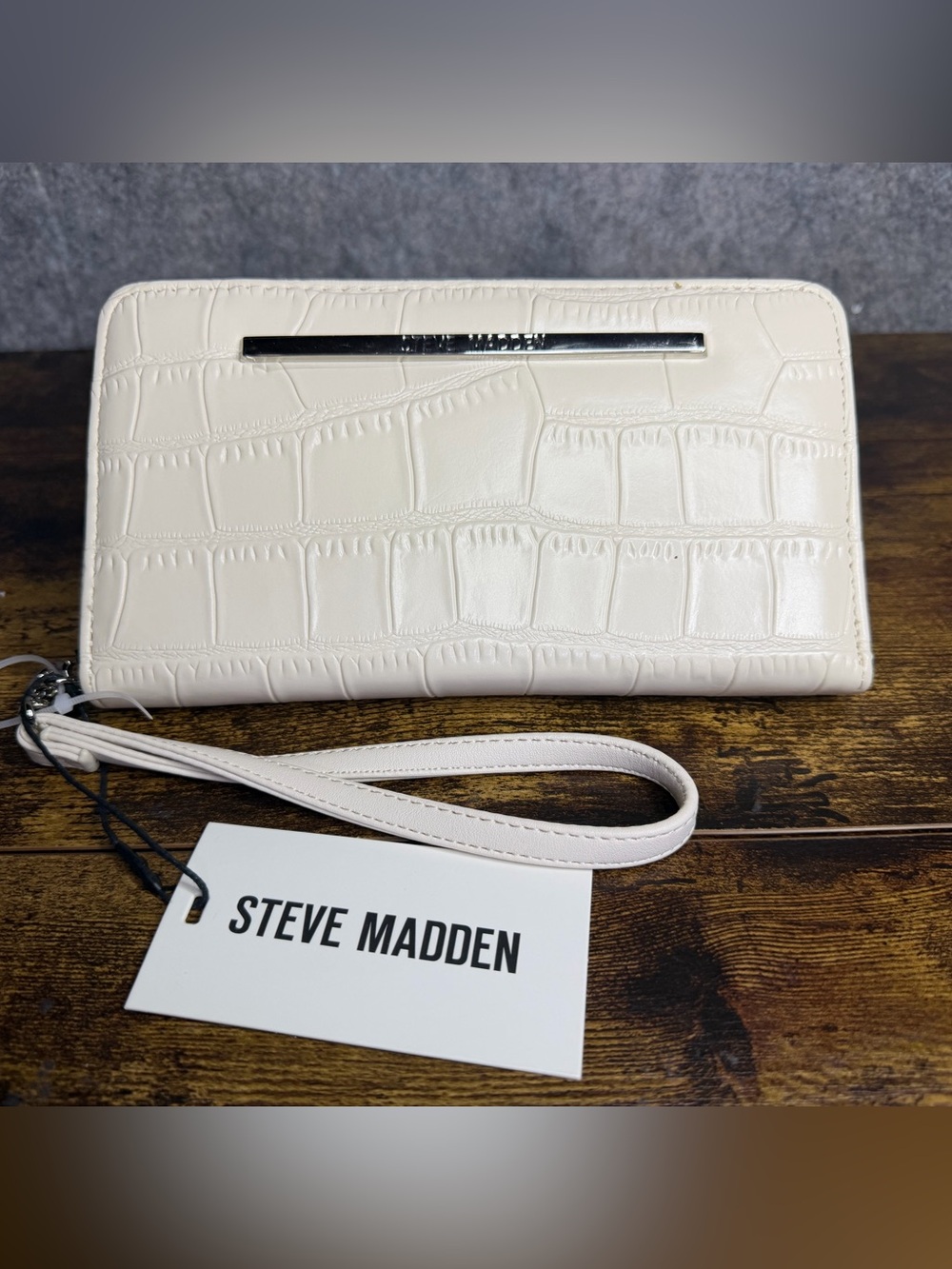 Steve Madden White Croc-Embossed Wristlet with Silver Accent